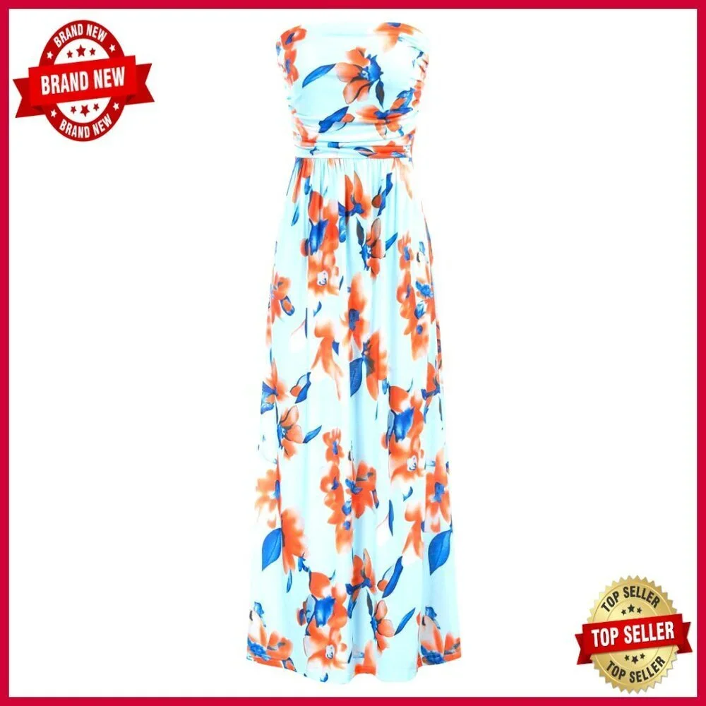 Strapless Maxi Dress Ruched Loose Fit Casual Elegant with Pockets